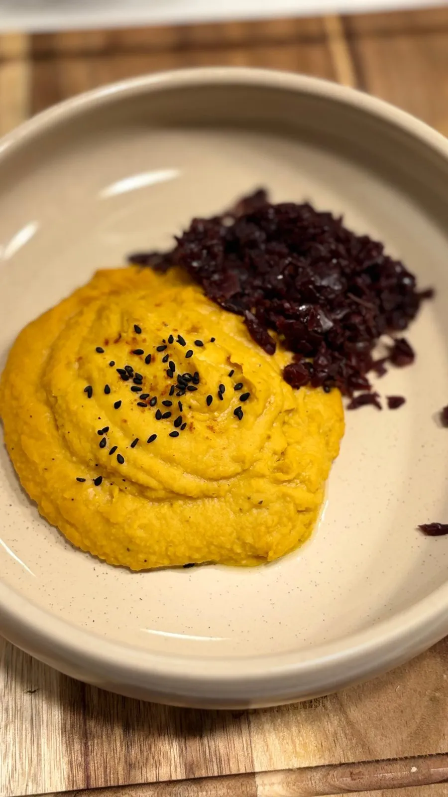 Puré de legumes com couve-roxa
